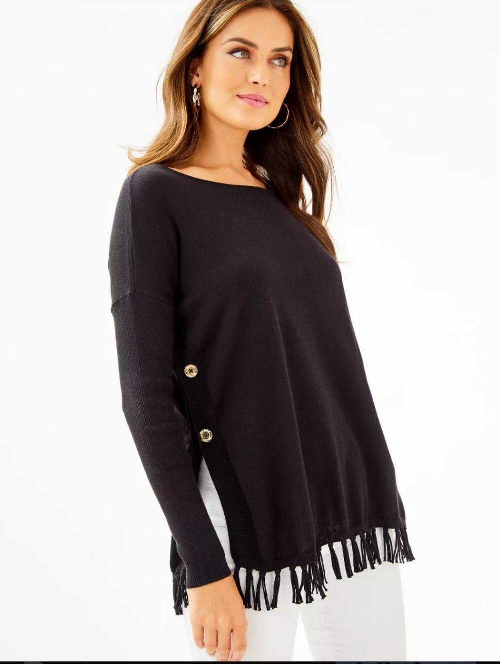Lilly Pulitzer Ramona Black Fringe Hem Long Sleeve Sweater C54